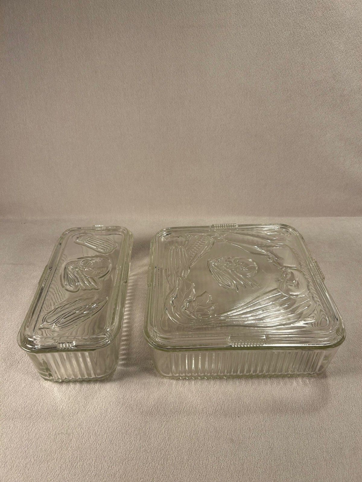 Vintage Federal Glass Refrigerator Dishes With Lids Square/Rectangle Ribbed