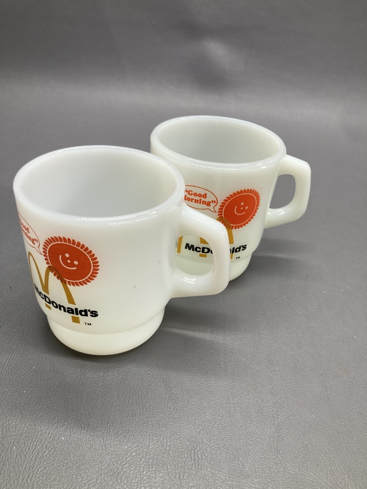 McDonalds Good Morning Fire King Milk Glass Coffee Mugs Set of 2 Vintage
