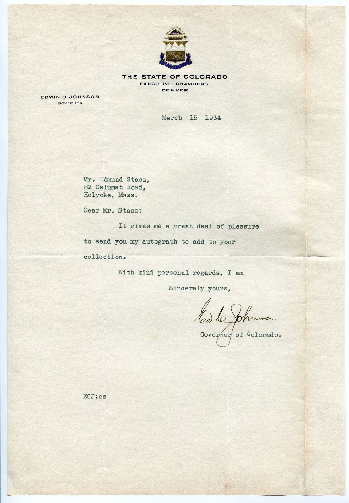 1934 Autograph Letter Signed by Edwin Carl Johnson  Governor of Colorado  FD3627