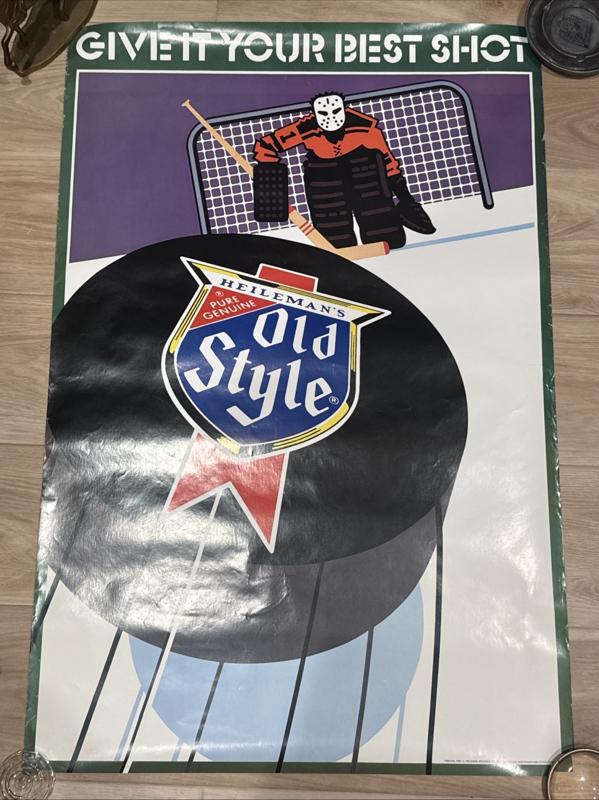 1982 Heileman\'s Old Style Beer Poster Hockey Advertising Give it your best shot
