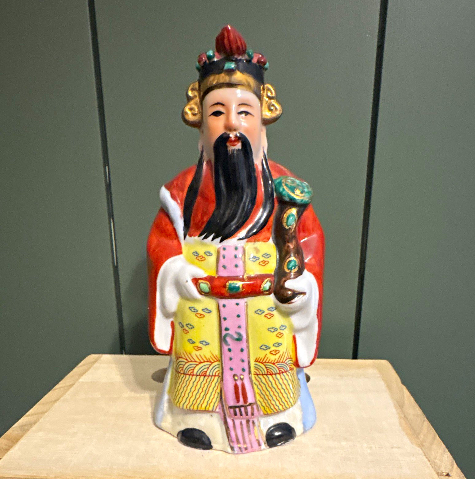 Hand Painted Ceramic Multicolor Lu Xing, the Star God of Prosperi.Vintage 1970s