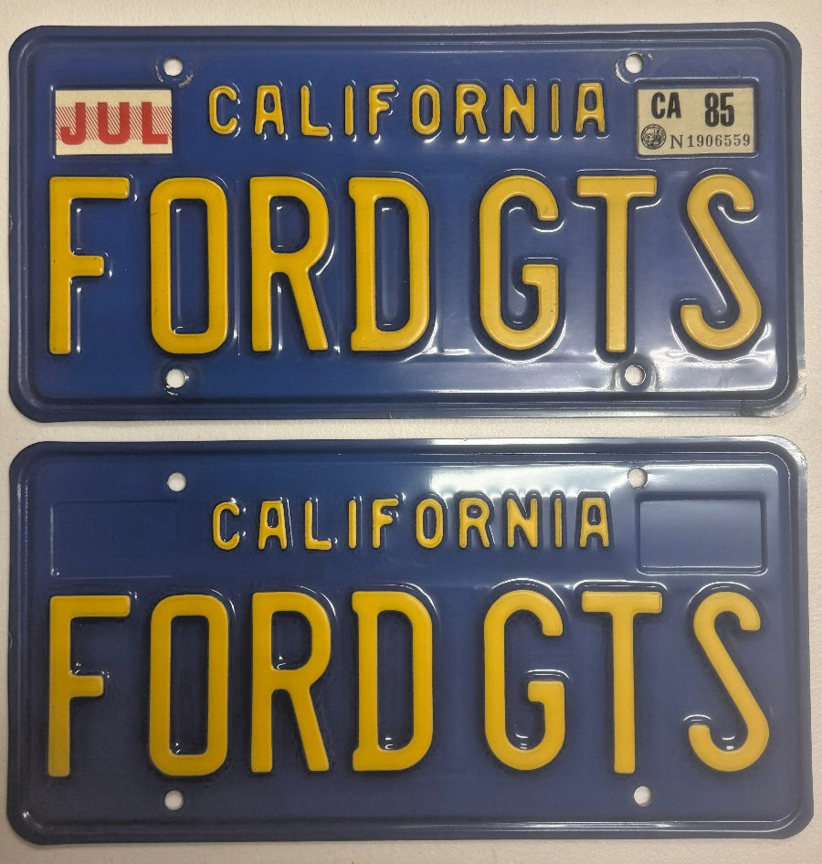 Vintage California FORD GTS Vanity License Plate Pair 1980s Ford GTS DMV Env.