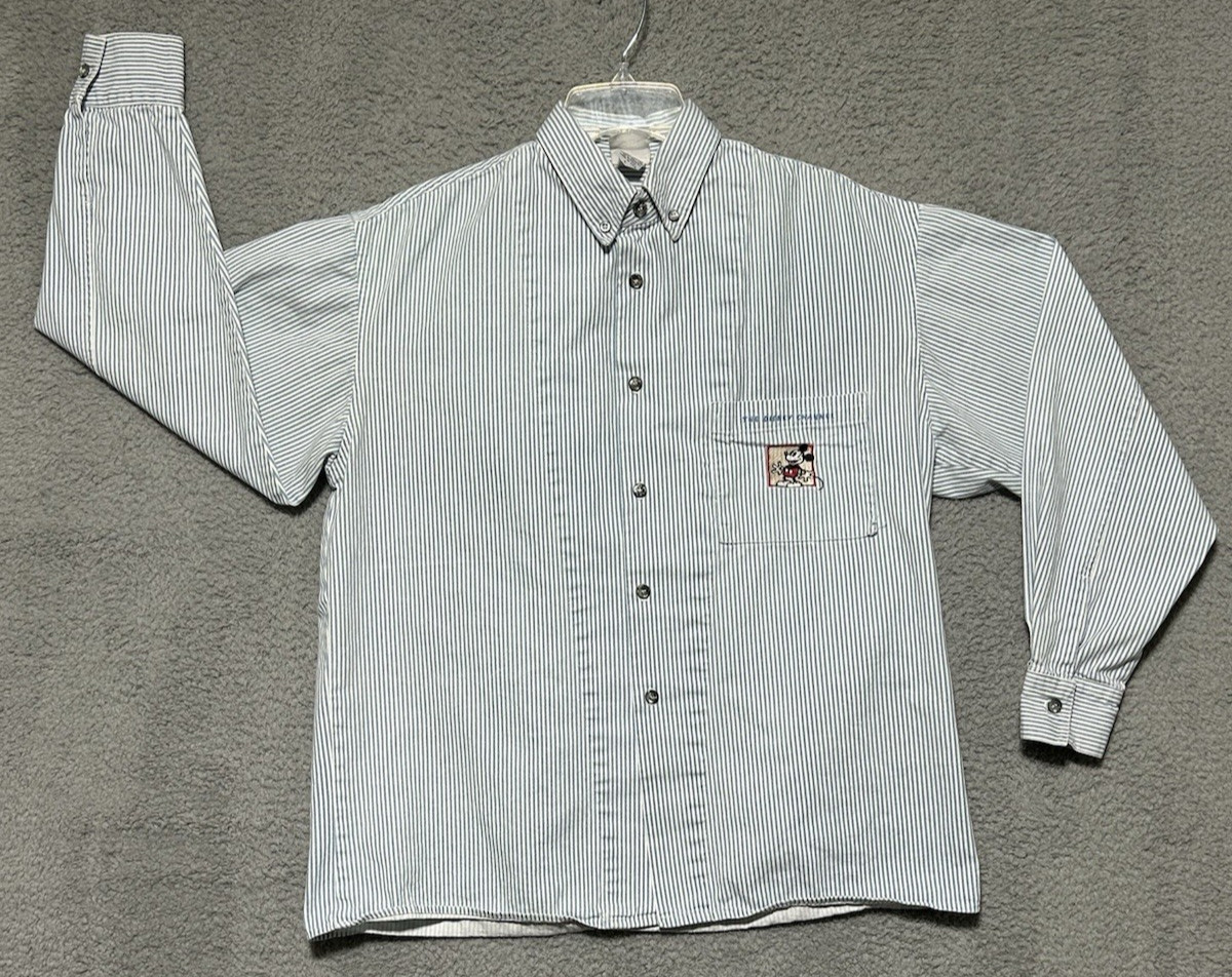 Vintage 80s Disney Channel Womens L Blue Denim Shirt Hickory Stripe Mickey USA