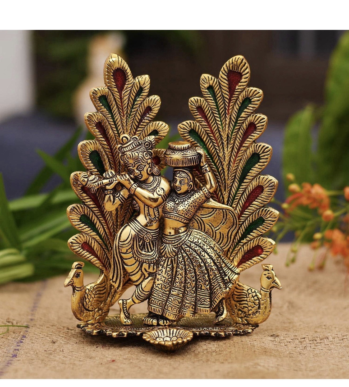 Radha Krishna Idol Peacock Design Gold-Plated Metal Diya 7 x 5 Inches