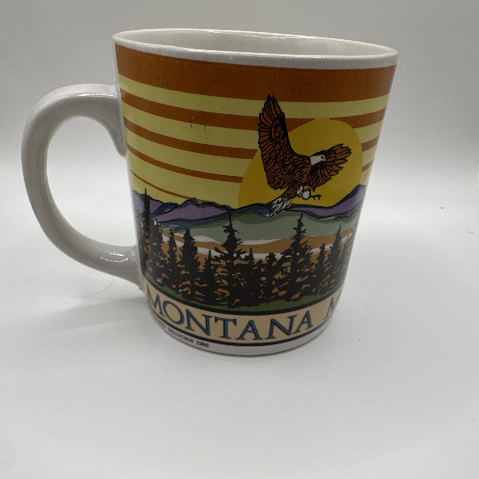 Vintage 1986 Montana Souvenir Coffee Mug Bald Eagle Mountain Sunset Retro Cerami