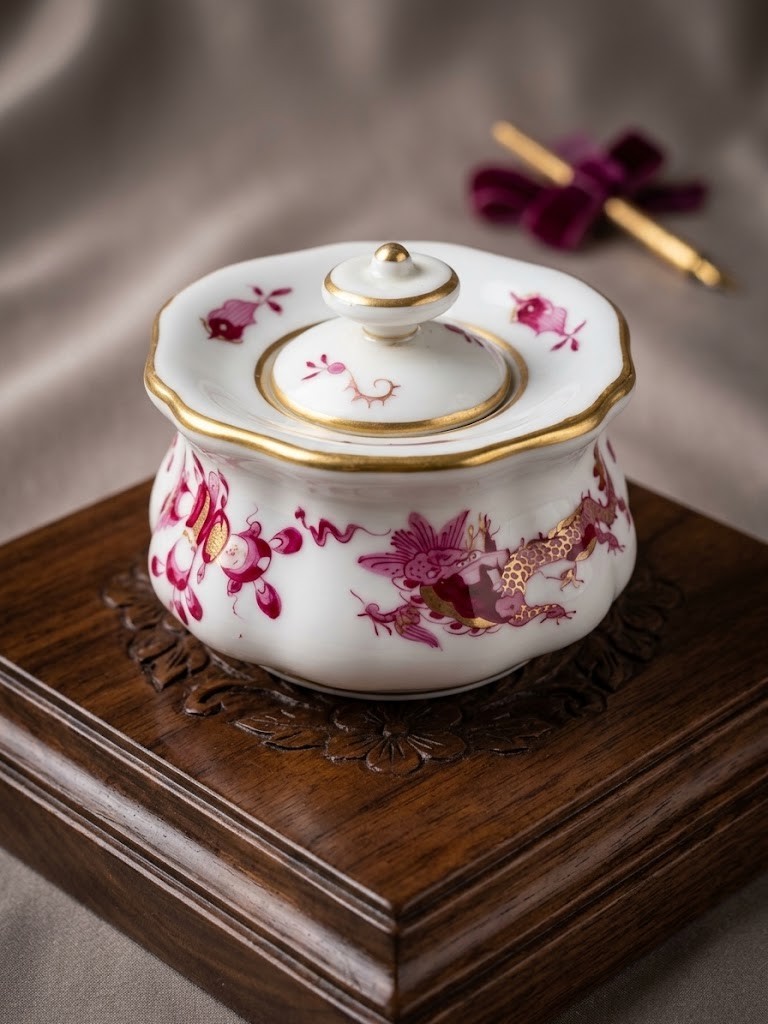 Meissen Rich Court Dragon Purple Sugar Bowl Box With Lid Restored Knob Antique