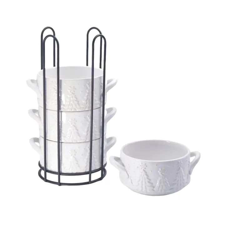 Temp-tations Stoneware Stack-A-Bowls Set/4 Bowls W/Holder, Frosty Forest