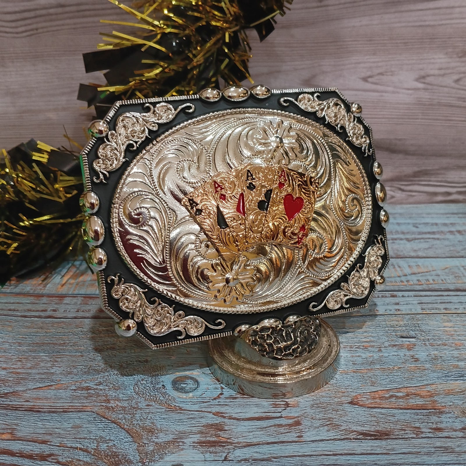 Four Aces Western Belt Buckle Rosetone Silver   Poker Cards Buckle 4x 3.5 \