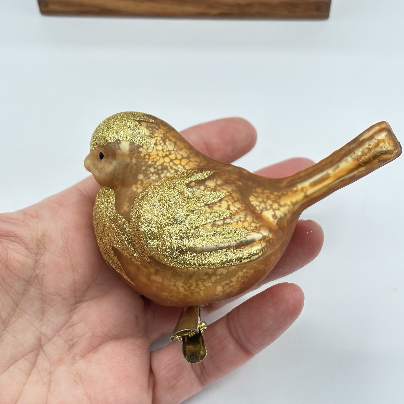 Vtg Glitter Mercury Glass Wren  Set Of 7 Birds ClipOn 4” Gold Ornament Pier 1