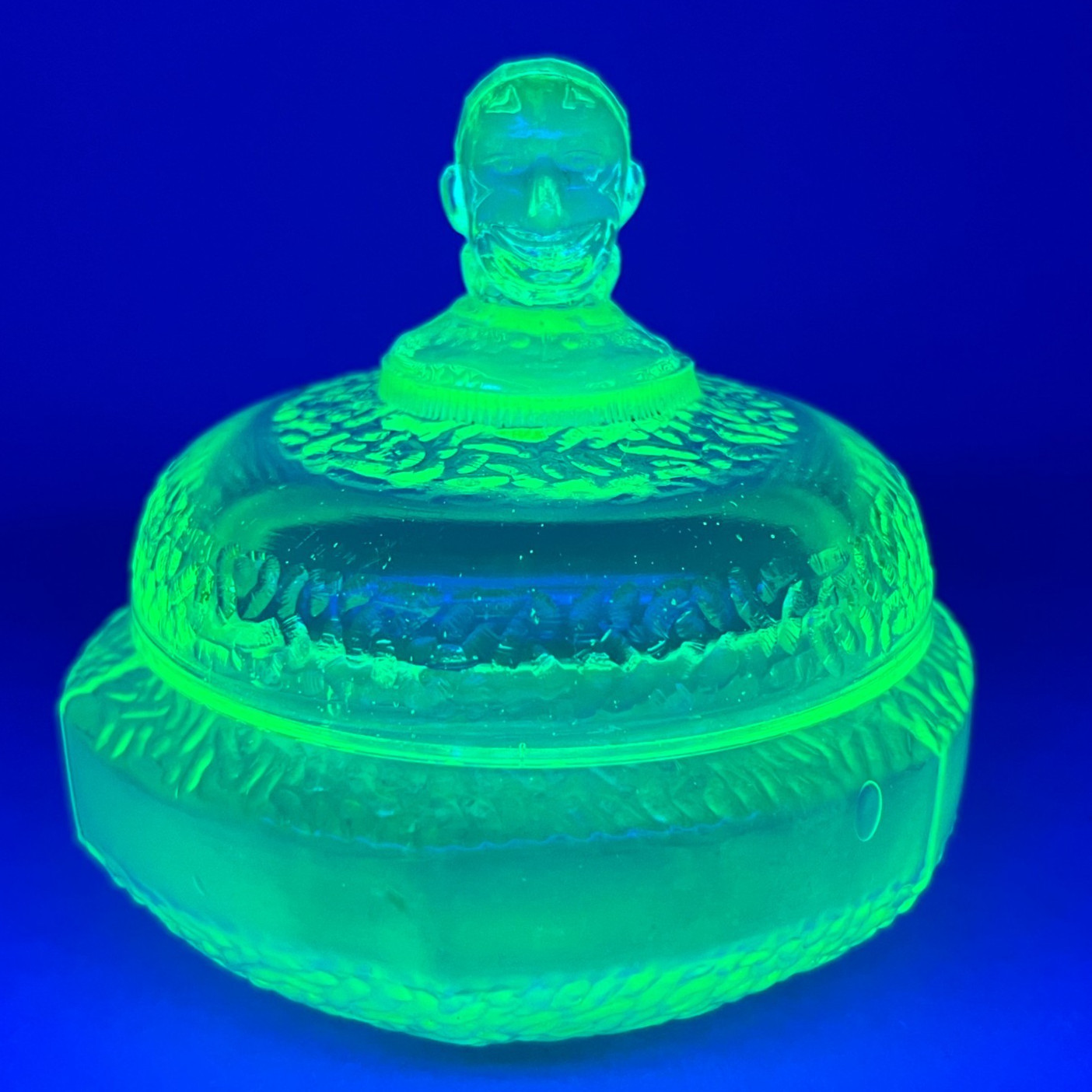 Vintage Uranium Glass Clown Court Jester Candy Dish Powder Bowl Trinket 4.5