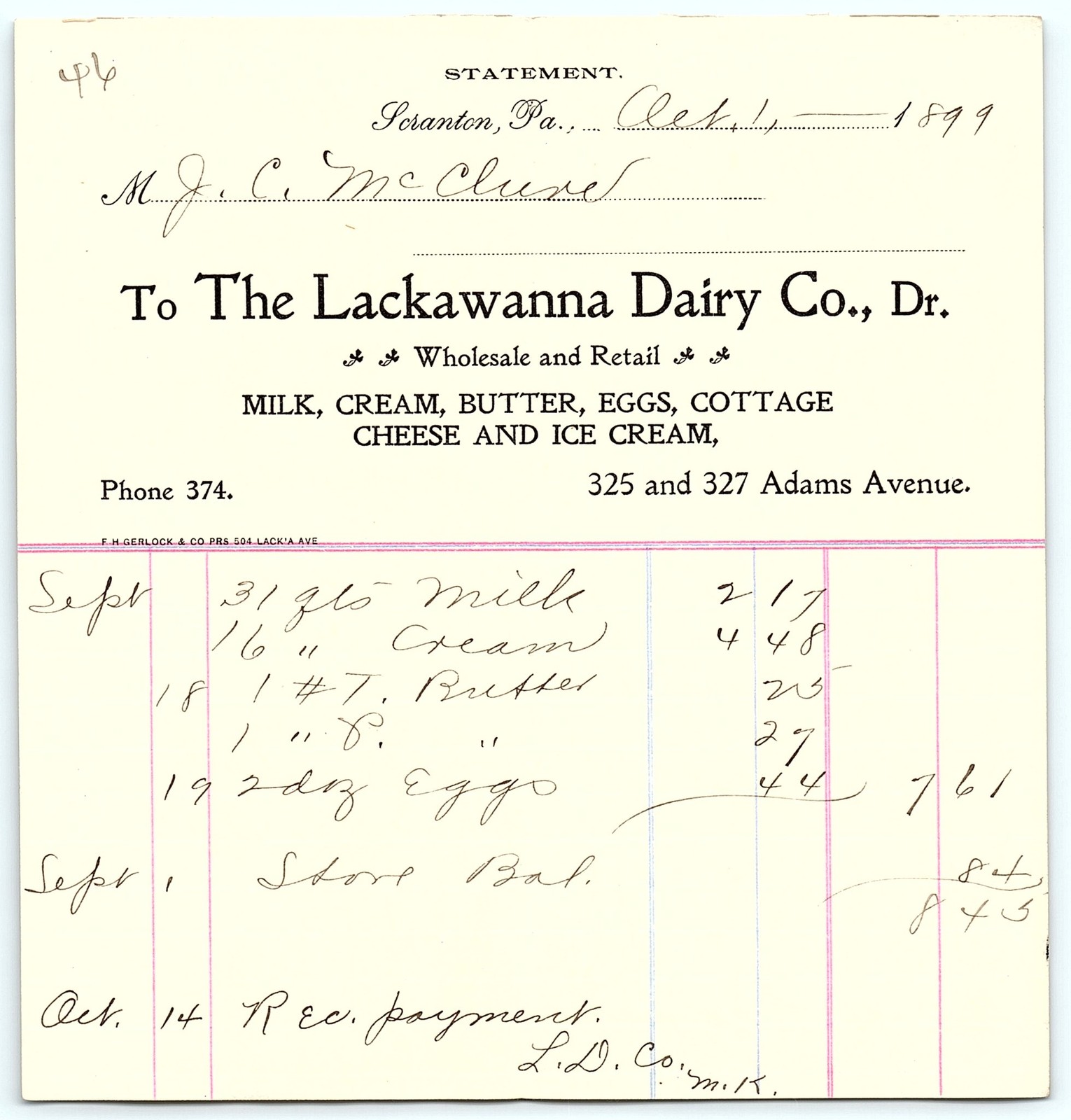 Vintage 1899 Lackawanna Dairy Co. Billhead - Scranton, PA