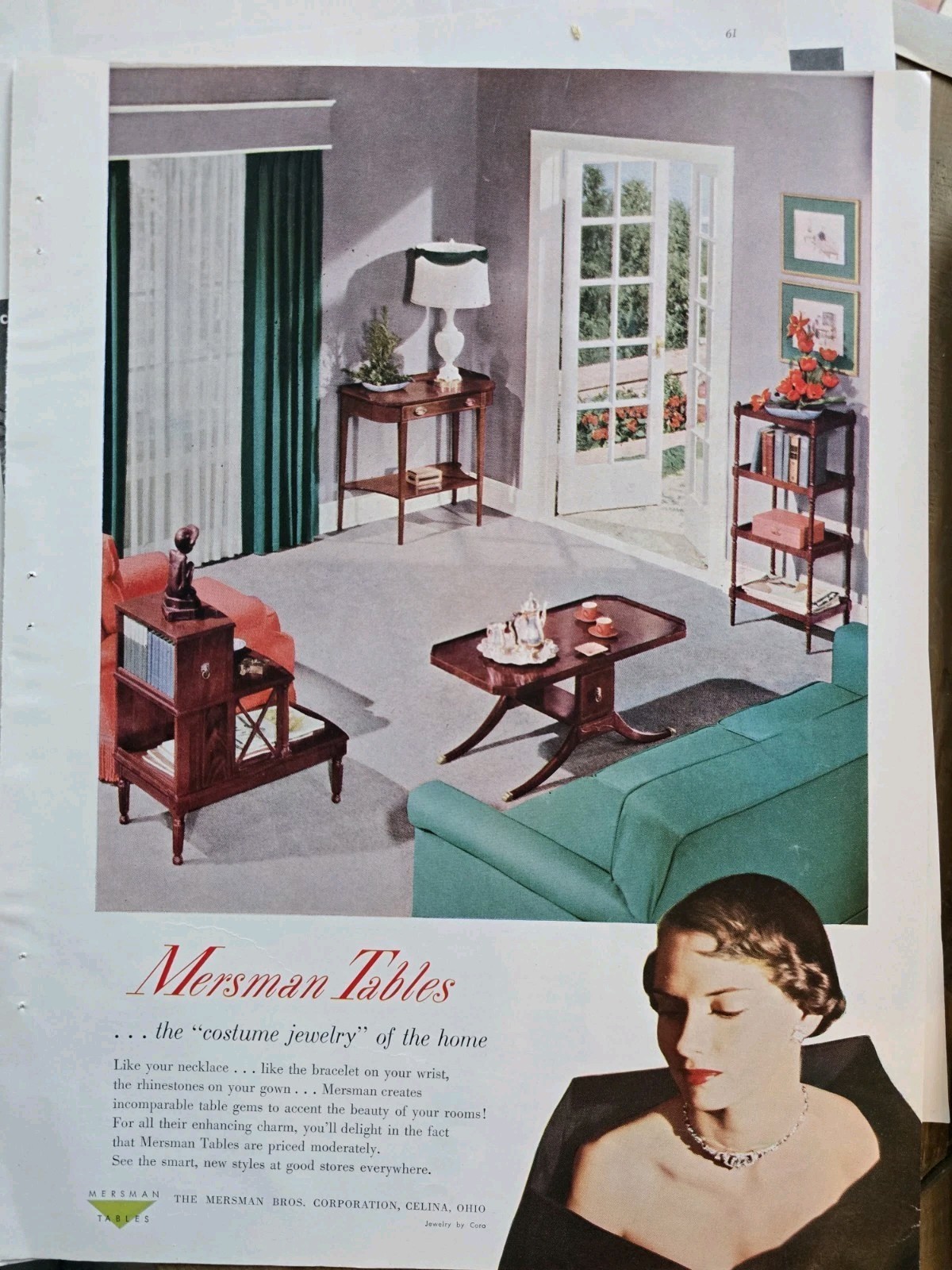 1950 Mersman tables living room furniture costume jewelry of home Vintage ad