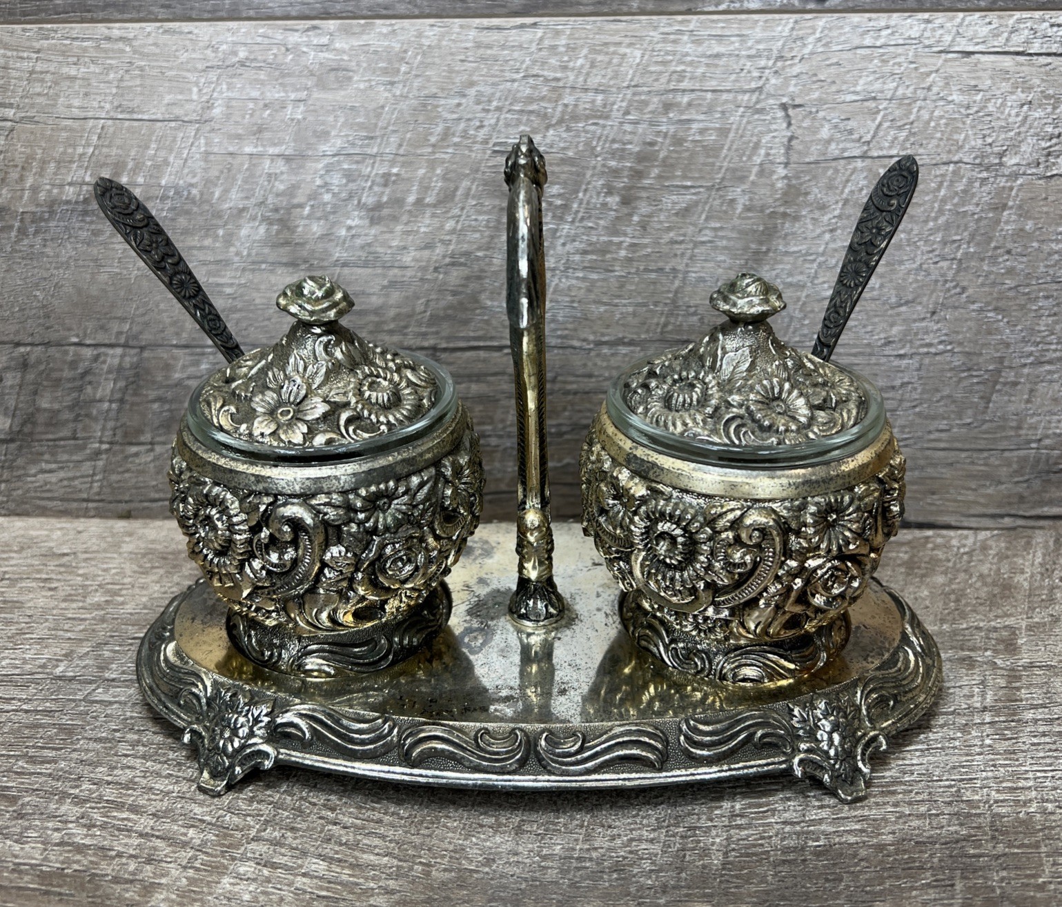 Vtg Harrison Fisher Silver Plated Floral Condiment Jam Caddy with Spoons HF-0917