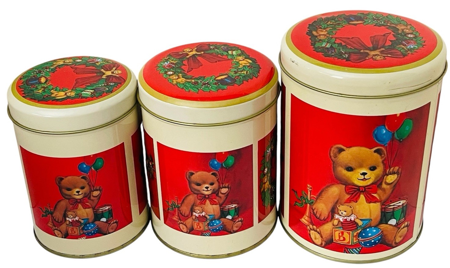 VTG TEDDY BEAR NESTING TINS CHRISTMAS CANISTERS TAIWAN 1980s SET OF 3 HOLIDAY