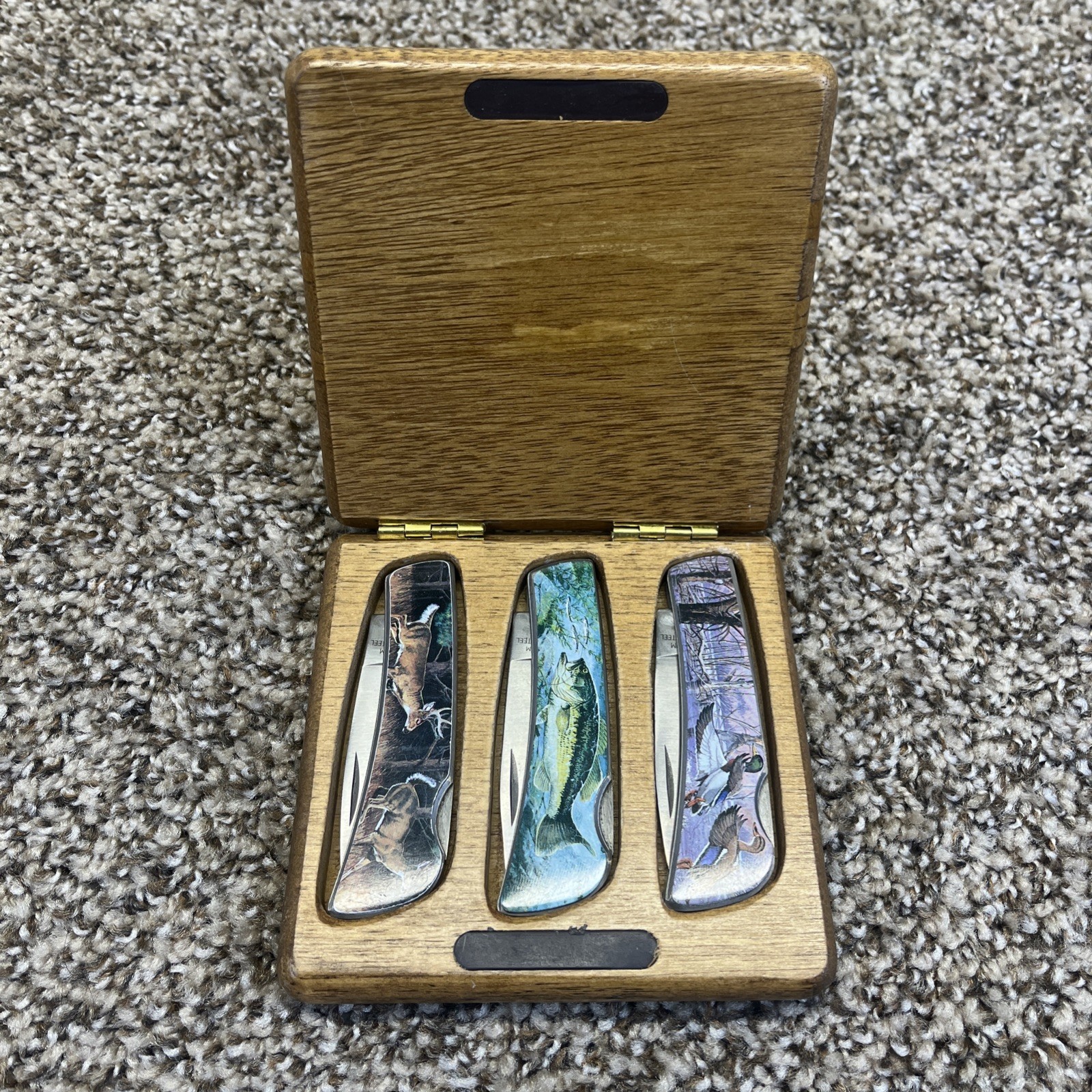 Lot Of 3 Vtg Wildlife Bass Fish Duck Deer Vanadium Pocket Knife Set Wood Case