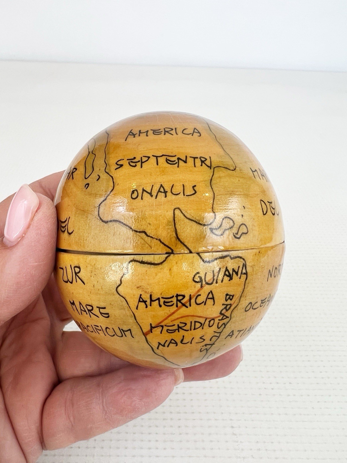 Vintage Russian Hand Painted Wooden Nesting Globe Sphere Box Celestial Sun