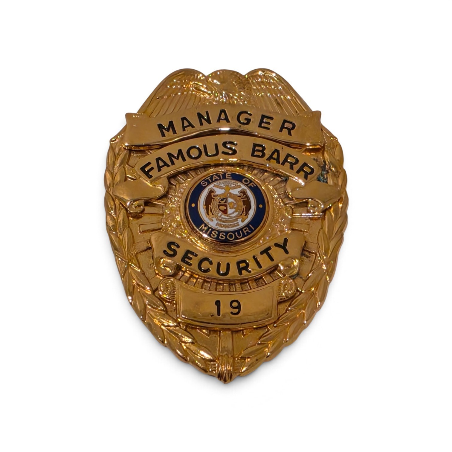 RARE Vintage Famous Barr Security Manager Officer Blackinton Badge Missouri