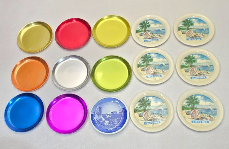 Vintage 1960s Coaster Lot Anodized Aluminum California & Royal Copenhagen Dish