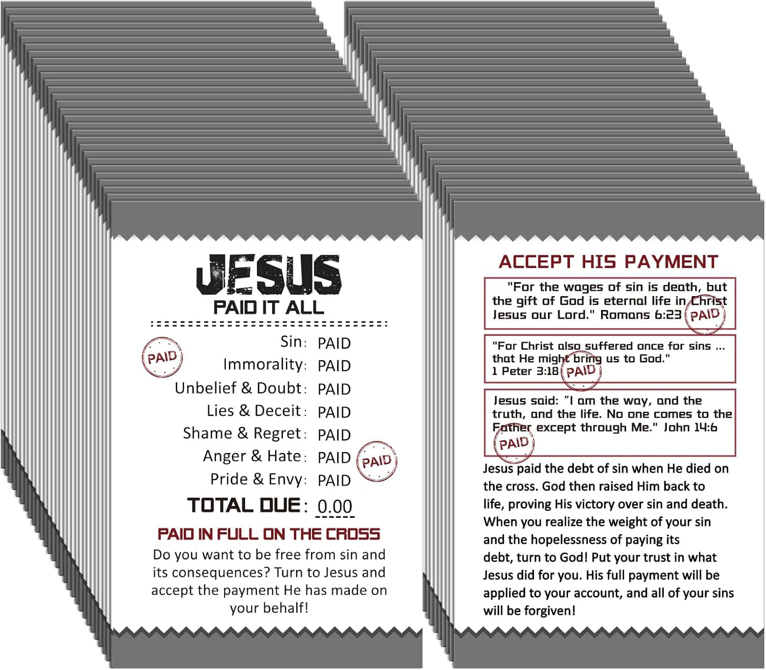 200 Gospel Tracts Salvation Cards - KJV Jesus Paid It All