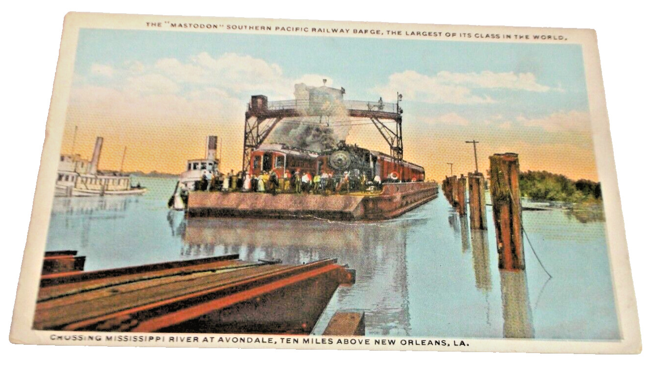 1910 SOUTHERN PACIFIC PASSENGER TRAIN ON FERRY NEW ORLEANS UNUSED POST CARD B