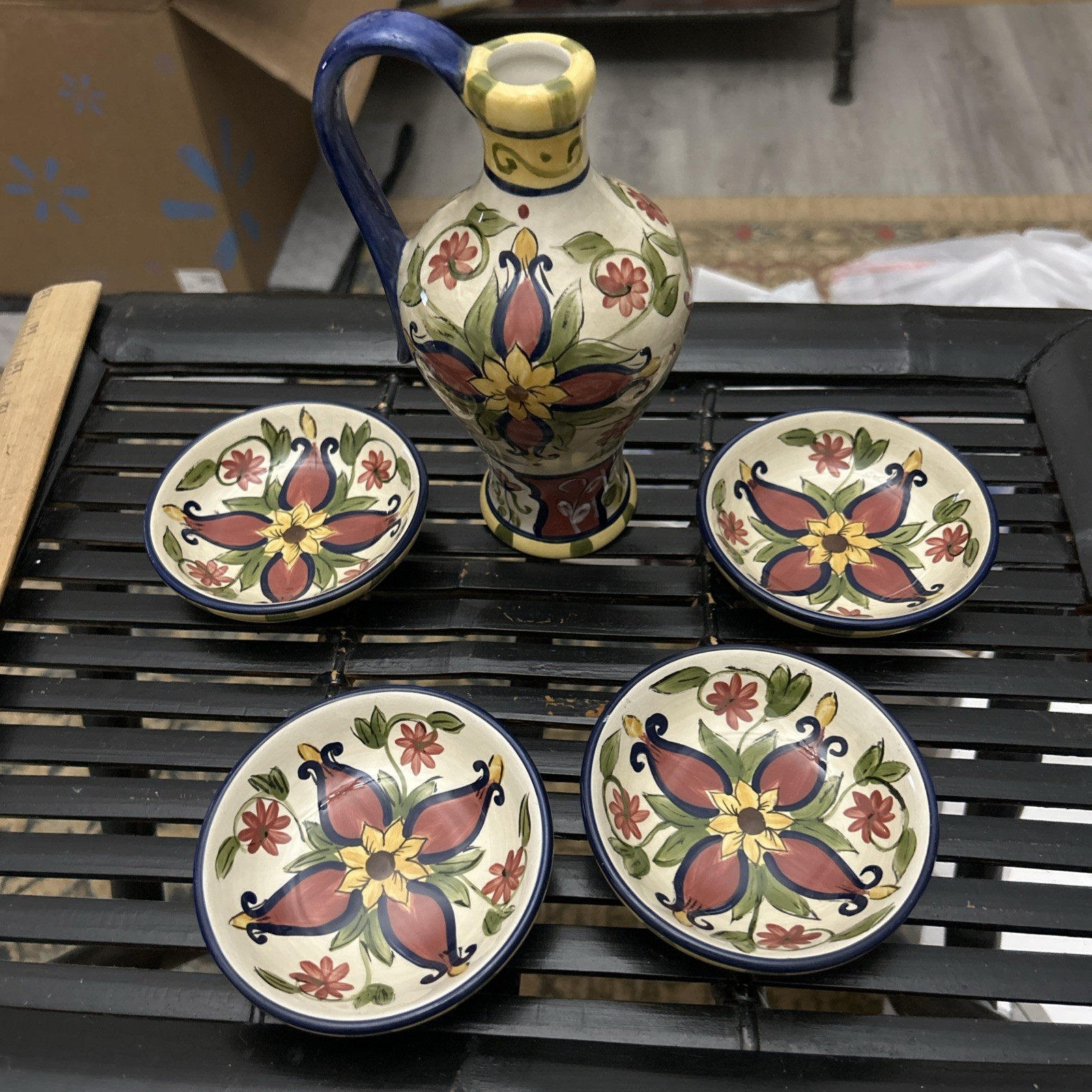 Vintage Pier 1 Vallarta Oil Cruet 4 Dipping Bowls Retired Hand Painted 5 piece 