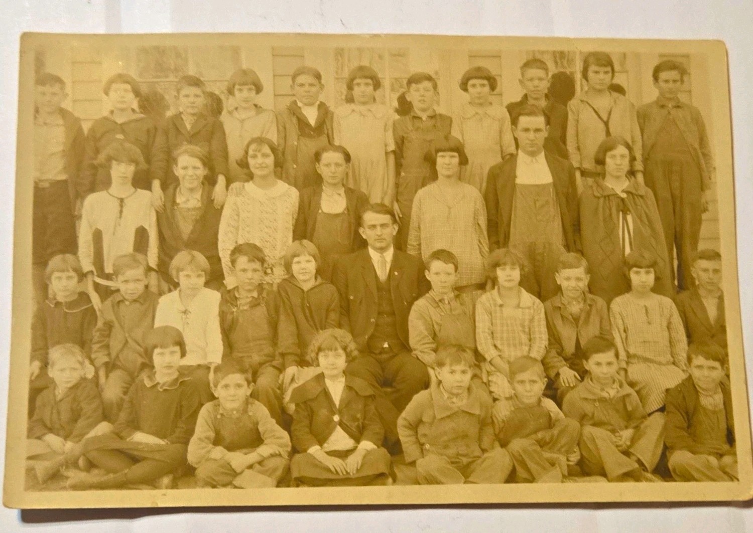 Antique RPPC Photo Postcard 1910s 1920s School Class Children Overalls Teacher