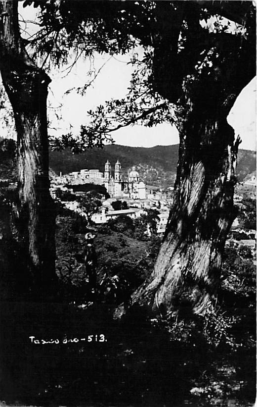 Postcard Mexico: RPPC Taxco View thru Trees w/ Santa Prisca, Guerrero