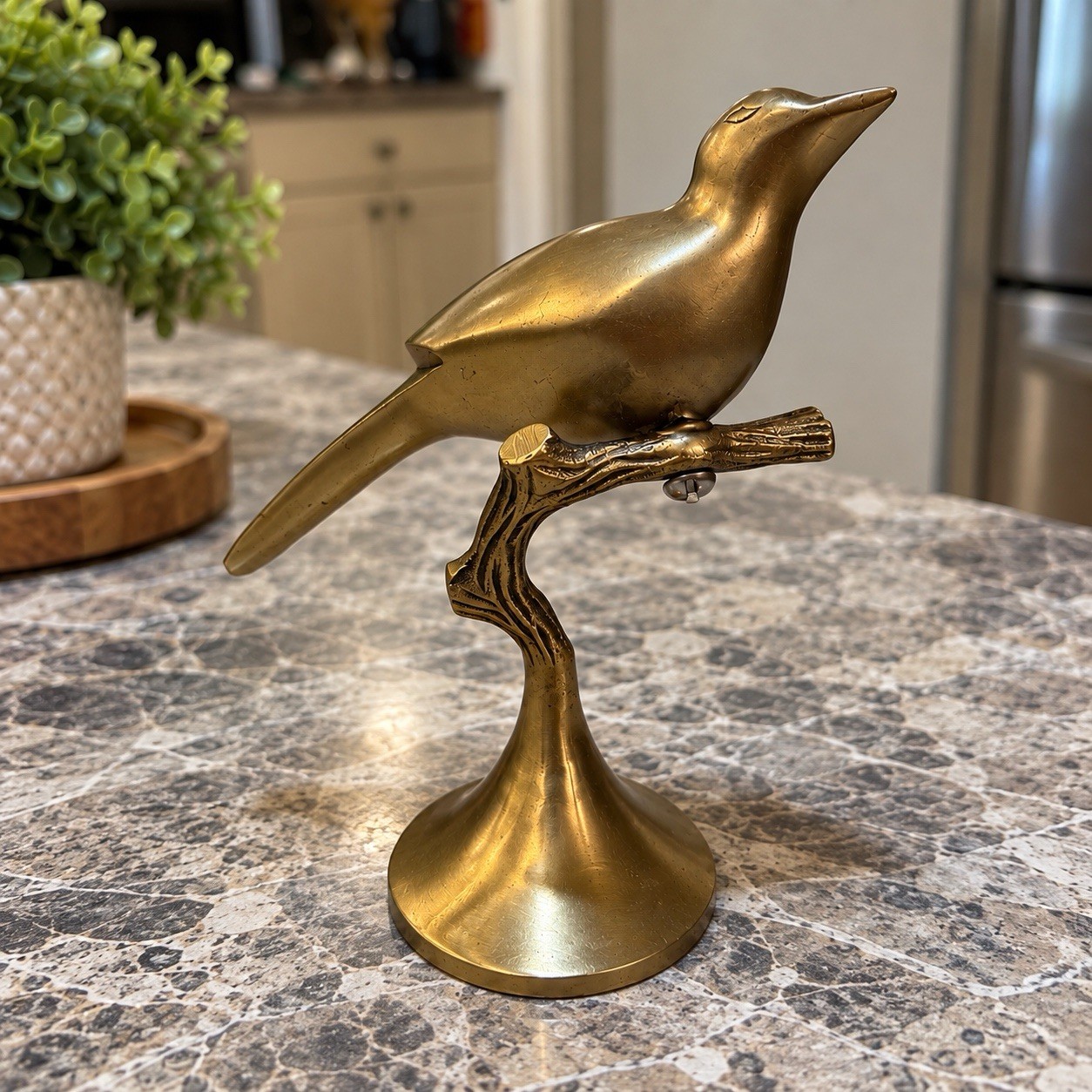 Vintage Solid Brass Bird Sculpture on Branch – 6.5” – 370.4g