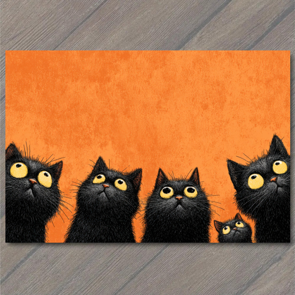 POSTCARD Five Cats Staring Funny Whimsical Feline Orange Backdrop