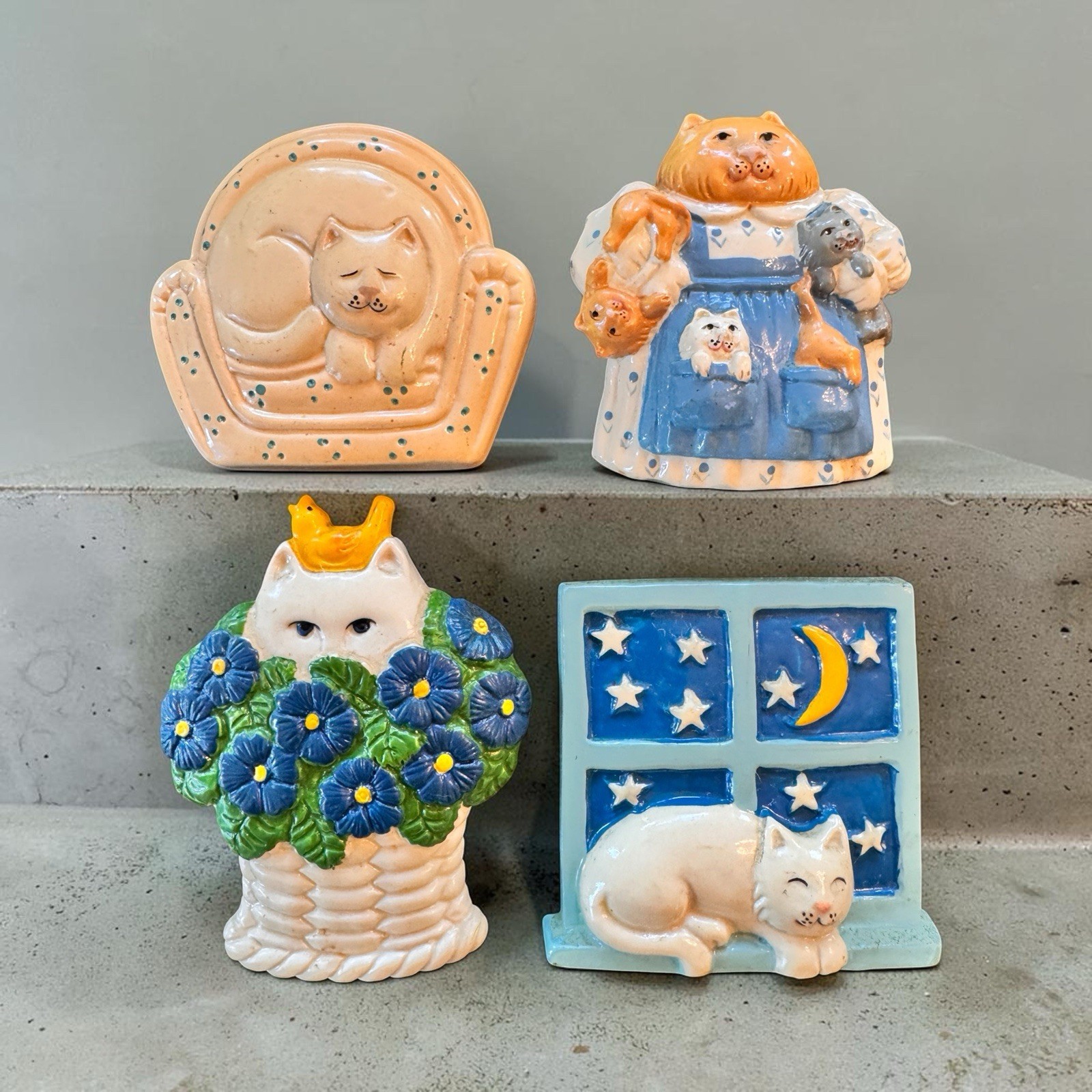 Vintage Clay Art Set of 4 1990 Cat Magnets Whimsical Ceramic Kitty Refrigerator