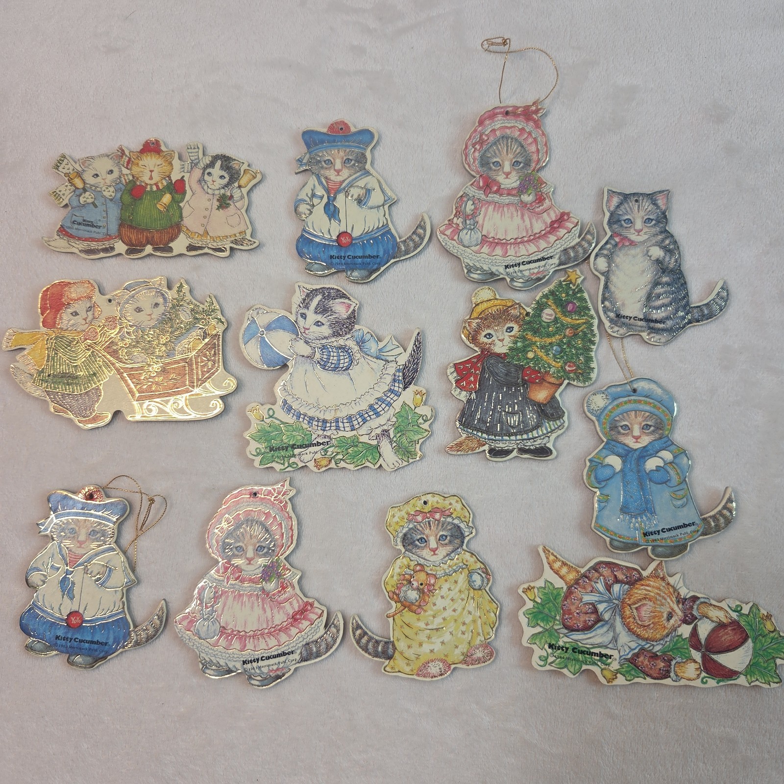 Vintage 1980s Kitty Cucumber Cats Die Cut Ornaments Hanging Cardboard Sparkle 12