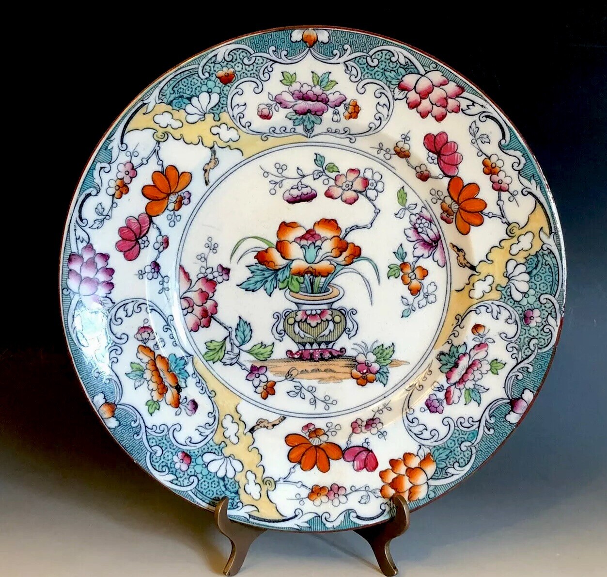 Antique Staffordshire Polychrome Black Transferware Plate Hand Painted England