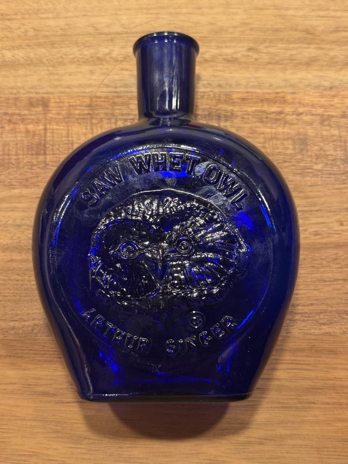 Vintage Arthur Singer Saw Whet Owl Bird Blue Glass Bottle Clevenger Brothers