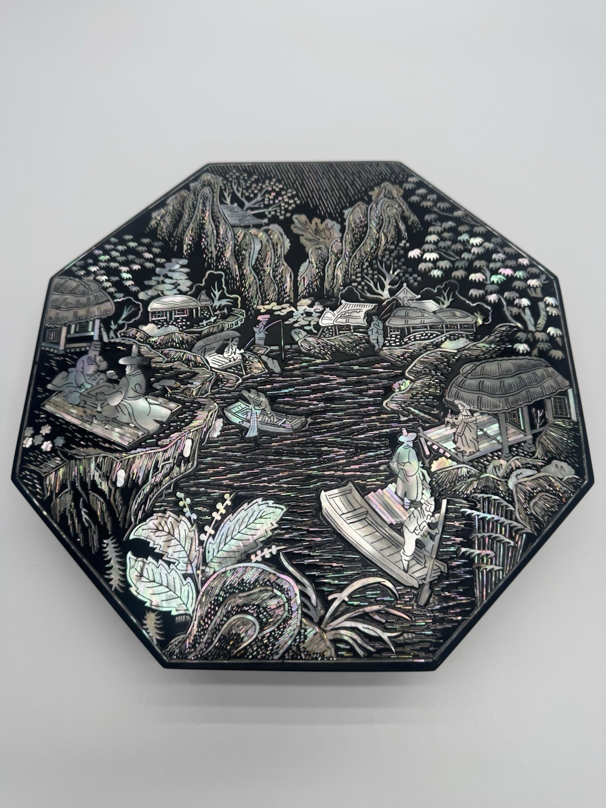 Vintage Chinese Black Lacquer Octagonal Box- Intricate Mother of Pearl