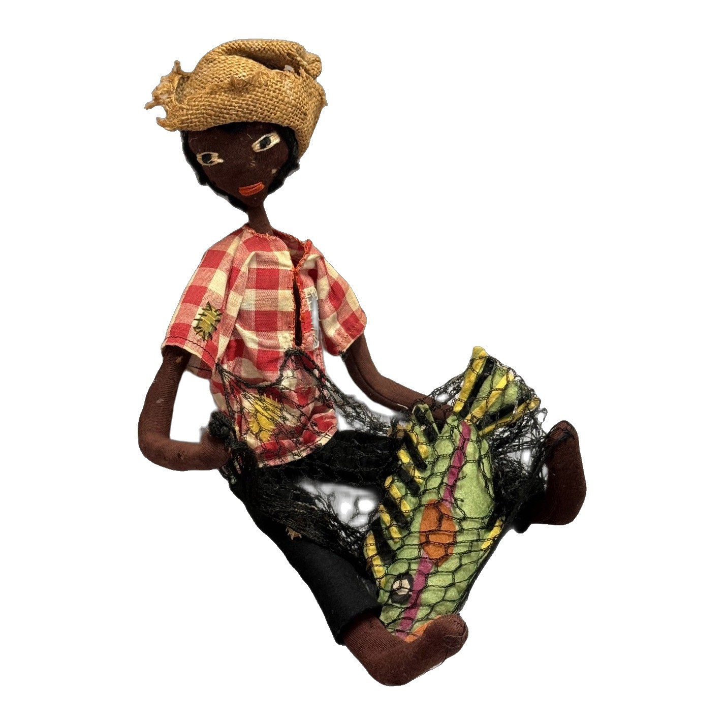 Vintage Handmade Cloth Fisherman Doll Felt Fish Net Burlap Hat Folk Art