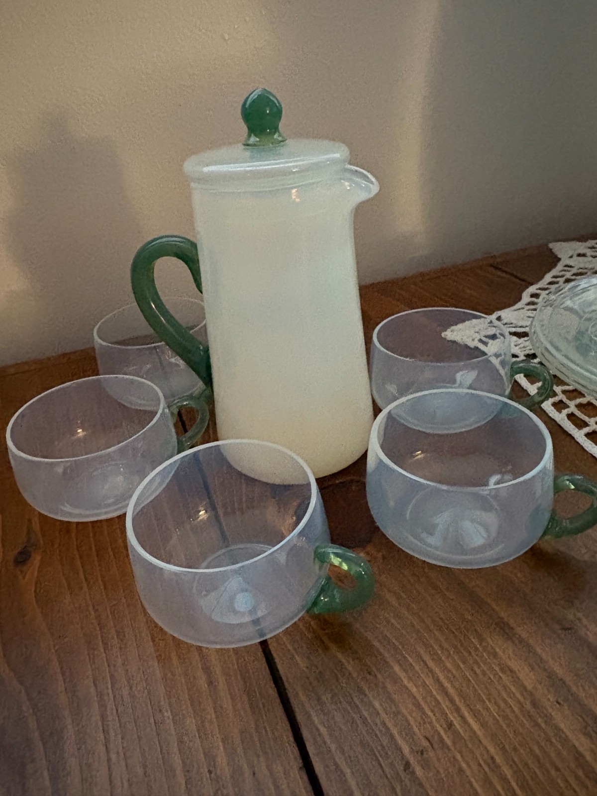Fry Foval Art Glass Jade Hot Water Jug Pitcher with Lid with 5 Cups 1920s RARE