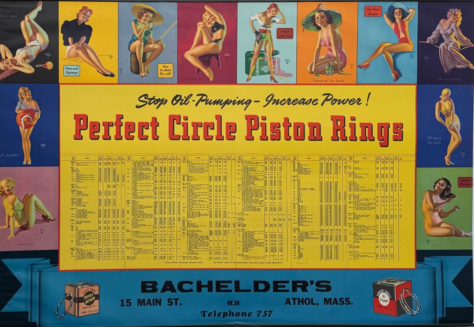 Vintage 1930s Earl Moran Pin-Up Poster Perfect Circle Piston Rings 24x35
