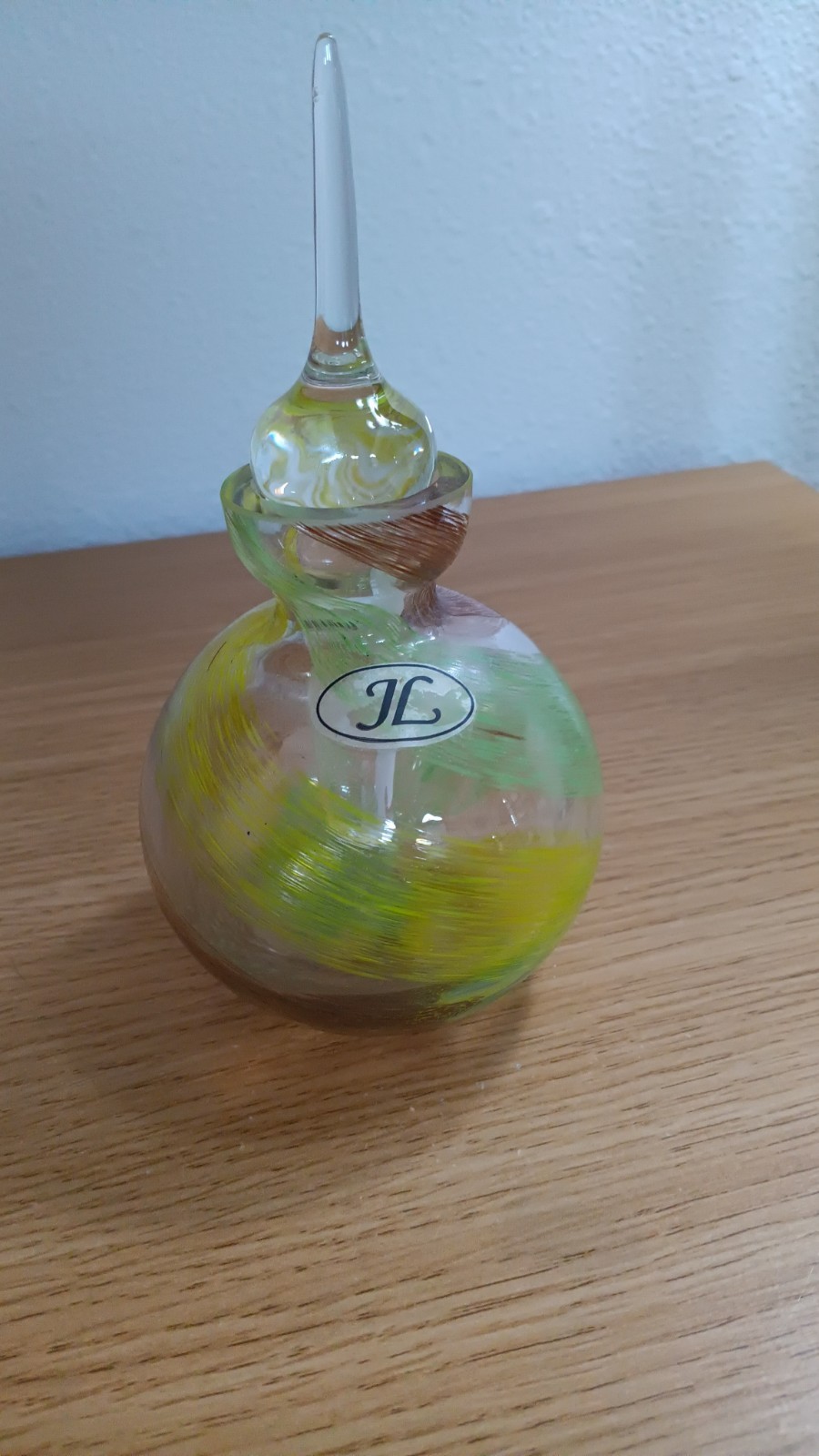 Vintage JL Art Glass Perfume Bottle With Stopper Green Yellow Swirl
