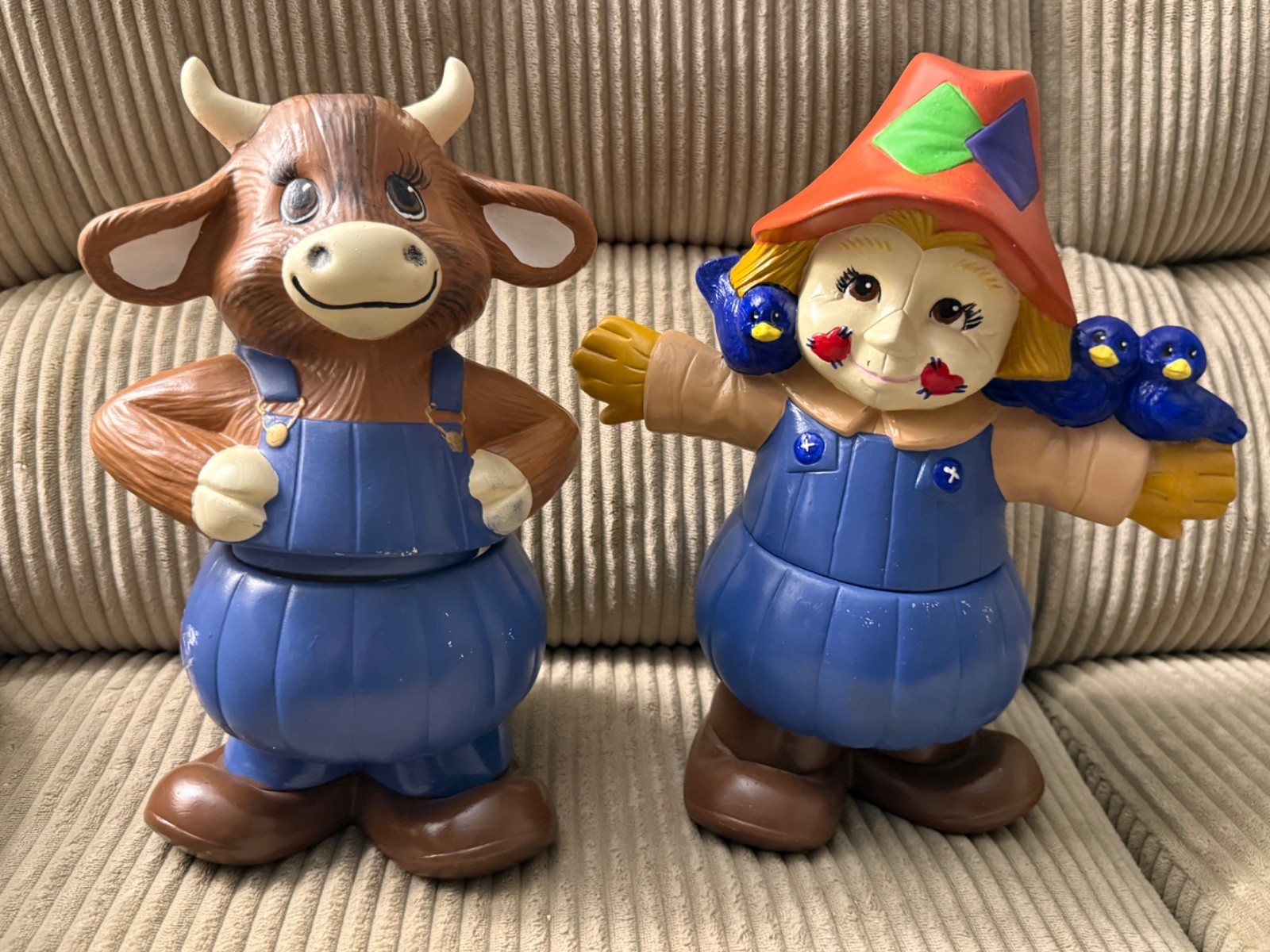 Vintage Country Ceramic Figurine Set – Scarecrow & Cow in Overalls – Farmhouse K