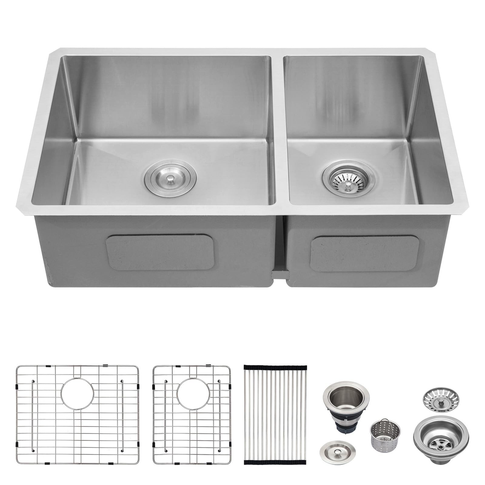 Logmey 33x19 Double Bowl Kitchen Sink 60/40 33x19x9-64, Stainless Steel