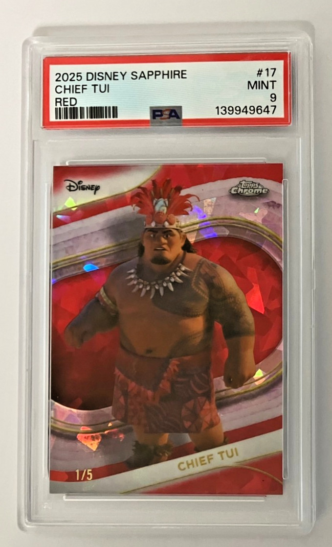 2025 DISNEY TOPPS CHROME SAPPHIRE MOANA CHIEF TUI RED RUBY CARD #1 /5 MINT PSA 9