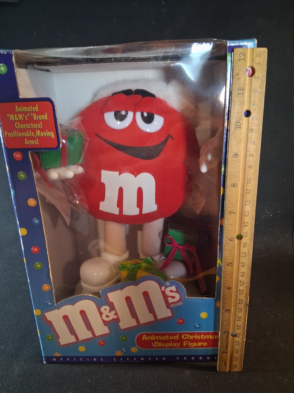 Christmas Vintage M&M Red Animated  Display Figure Presents Ribbons White Stand