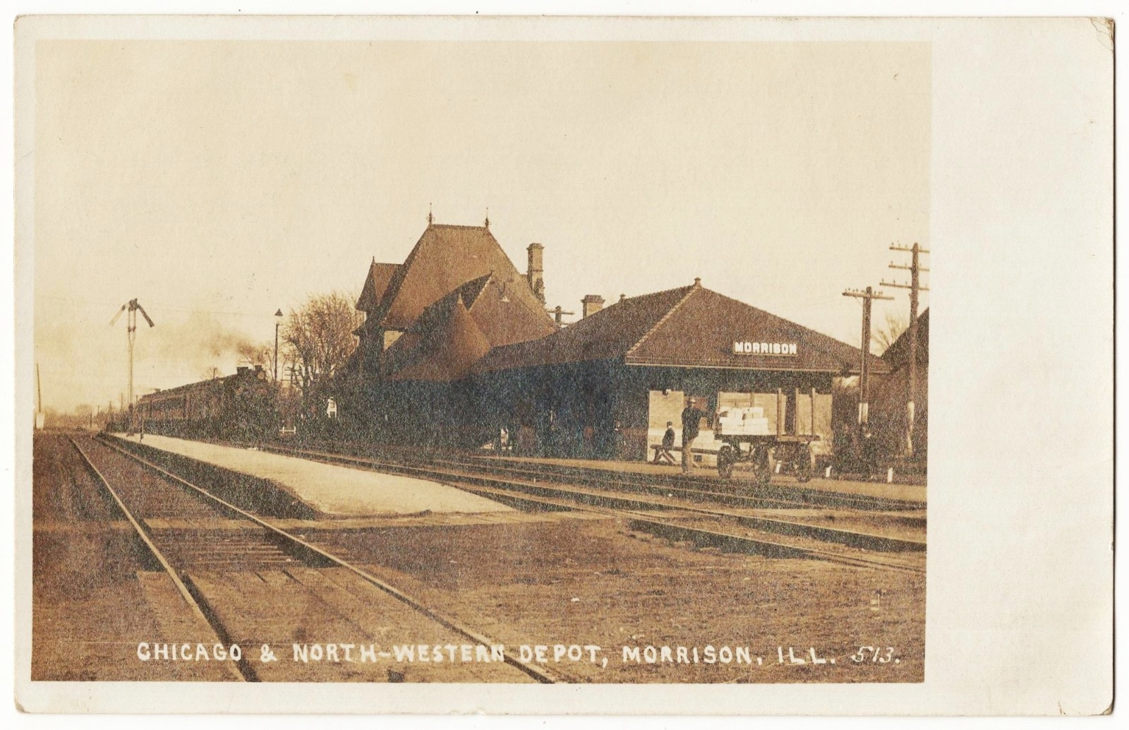 RPPC Morrison IL - Chicago And North Western Depot train station mailed 1908 pc