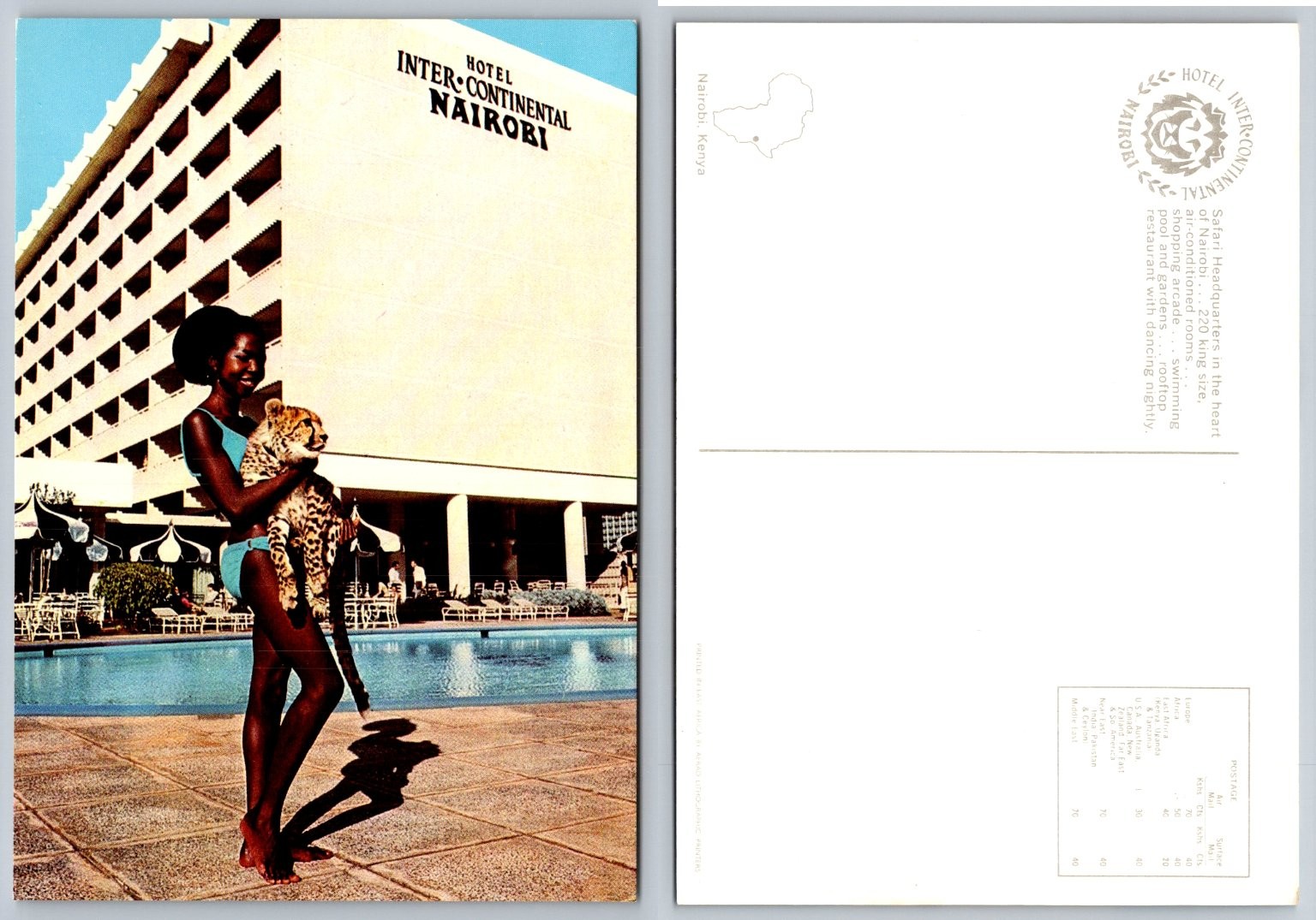 Vintage InterContinental Nairobi Kenya Postcard Woman Cheetah Pool Safari HQ