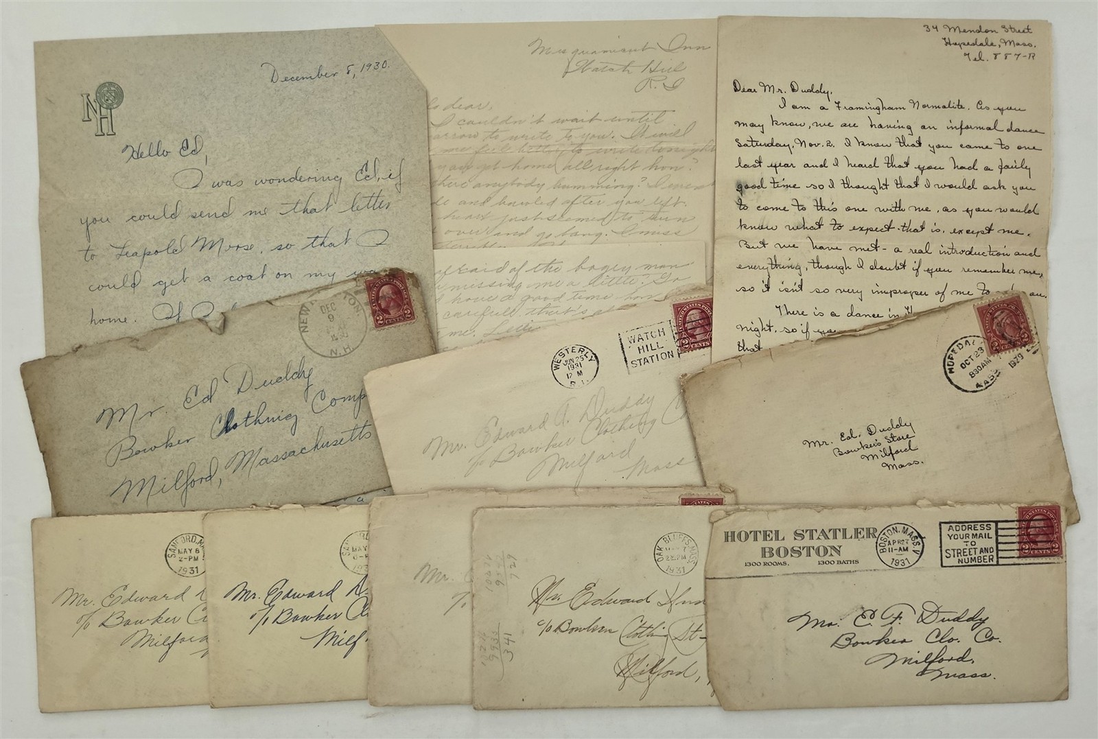 1930-1 antique EDWARD DUDDY milford ma BOWKER CLOTHING CO COURTSHIP LETTERS