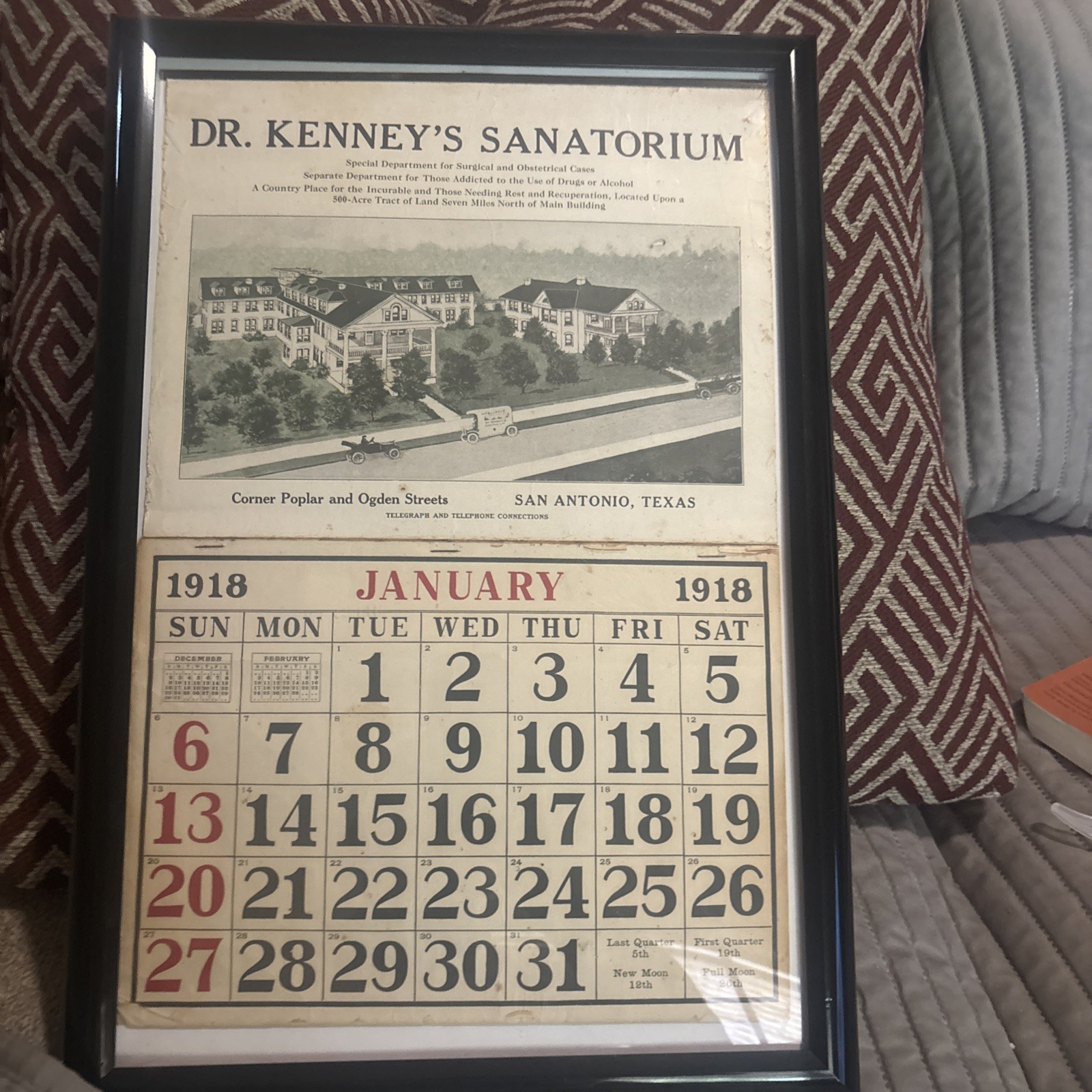ANTIQUE  ORIGINAL INTACT  1918 CALENDAR DR KENNEY’S SANATORIUM SAN ANTONIO TEXAS