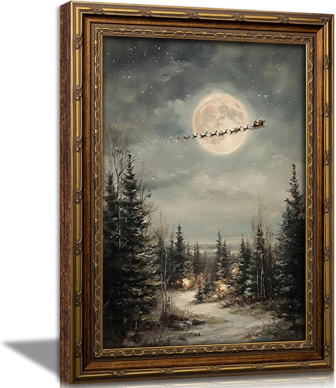 KKP Vintage Santa Sleigh Framed Wall Art Antique Christmas Night Full Moon Snowy KKP Vintage Santa Sleigh Framed Wall Art Antique Christmas Night Full Moon Snowy