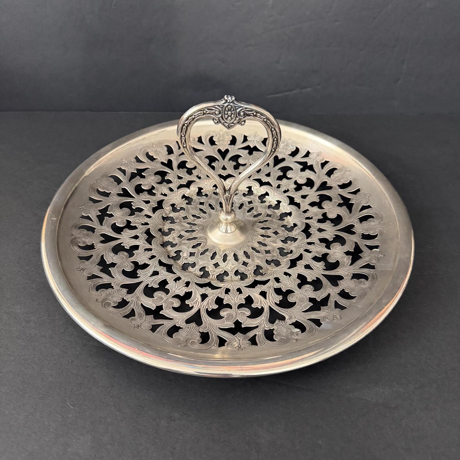 Vintage Viking Silverplate Pierced Serving Dish, Heart Handle