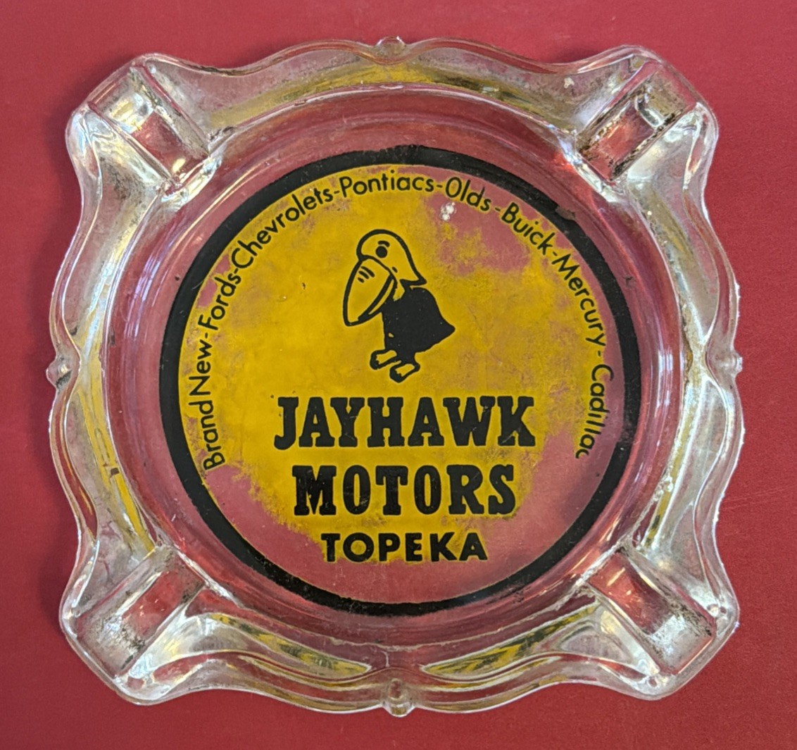 Vintage JAYHAWK MOTORS TOPEKA Ashtray Collectible RareEarlyOld KS KU Kansas Auto