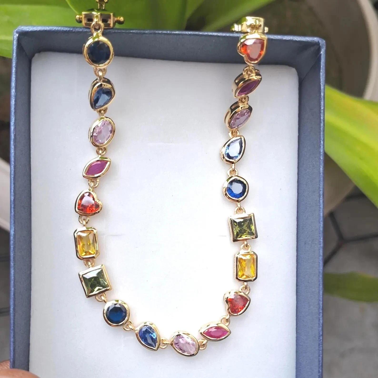 Rainbow Multi-Cut Multi-Color Gemstone Tennis Necklace 14K Yellow Gold Over 16
